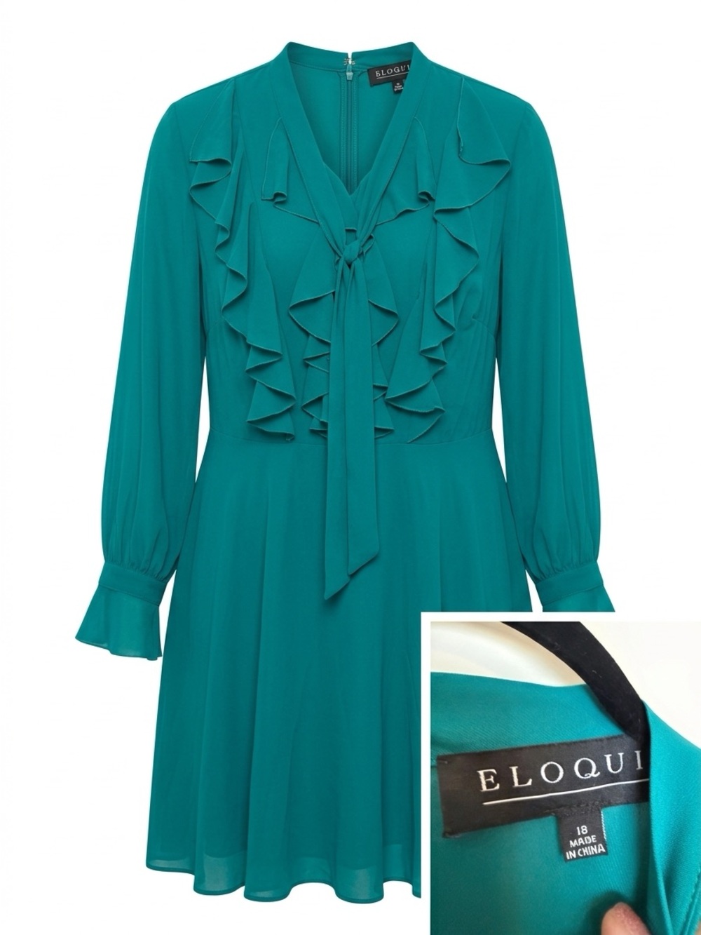 Eloquii Teal Ruffle Tie-Neck Long Sleeve Dress Size 18